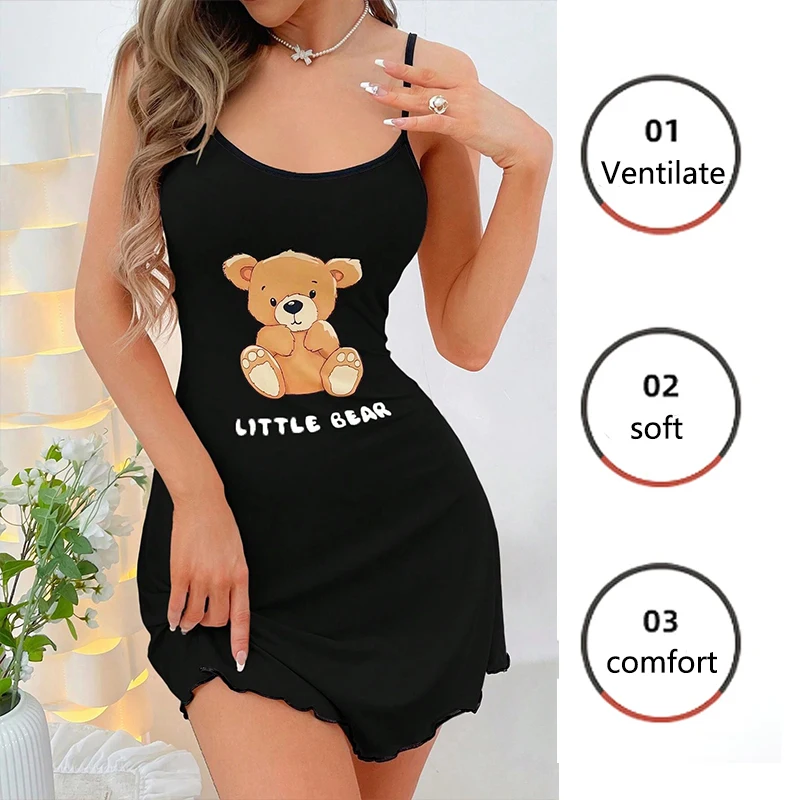 Girls Summer Romper With Suspenders Sleeveless O-Neck Pajamas Short Dress Pajamas Cartoon Bear Print Cute Thin Soft Breathable