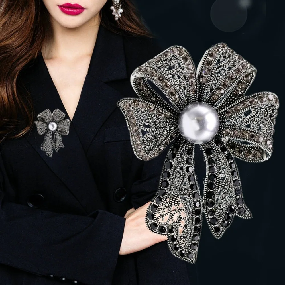 Uniform Corsage Ornament Bow Brooch French Style Elegant Fully-rhinestone Pin Luxury Pearl Black Brooch Women