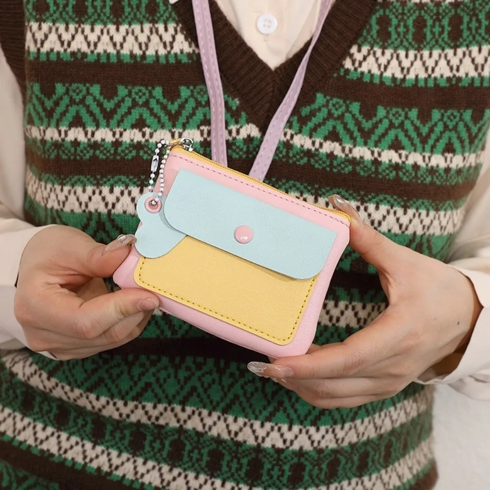 Fashion Macaron Color Hanging Neck Wallet Keychains PU Leather Card Holder Keyring Korean Style Zipper Coin Purse Travel