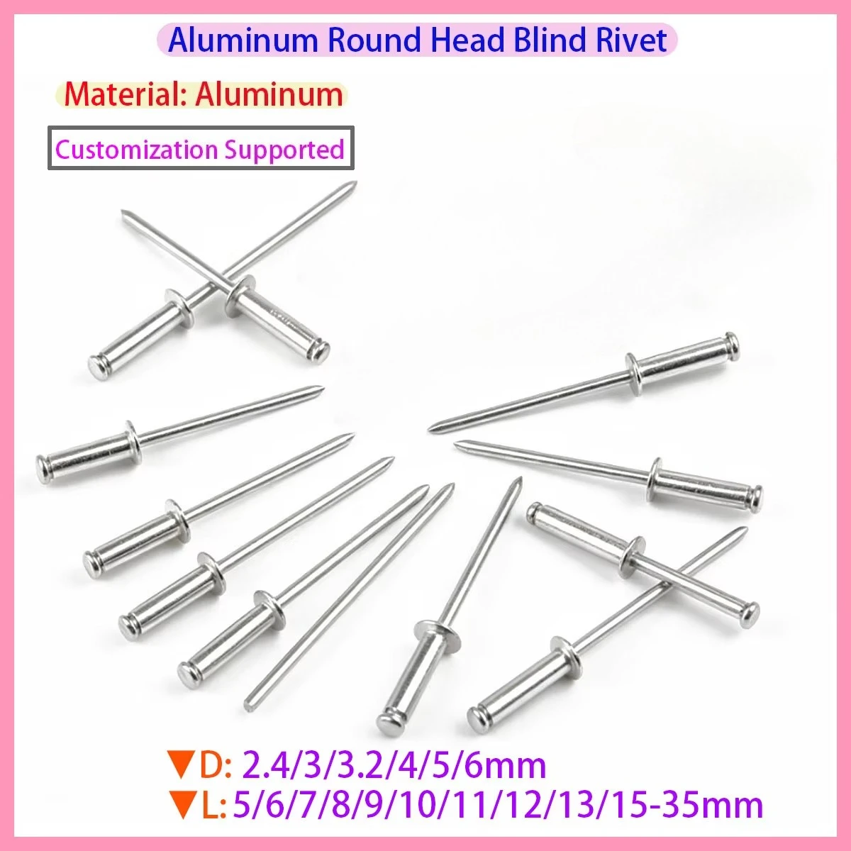 Aluminum Round Head Blind Rivet with Decorative Core Pulling Rivet M2.4 M3 M3.2 M4 M5 M6 Length 5/6/7/8/9/10/11/12/13/15-35mm