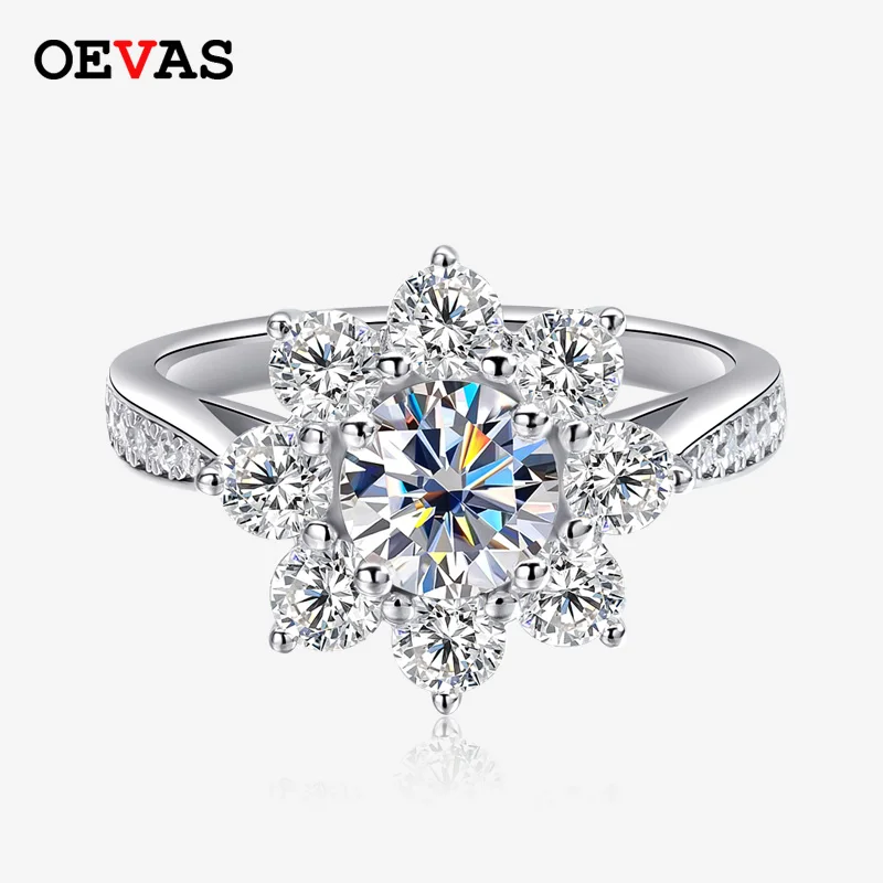 

OEVAS Full Moissanite Sun Flower Wedding Rings For Women 100% 925 Sterling Silver Gold Plated Engagement Party Gift Fine Jewelry