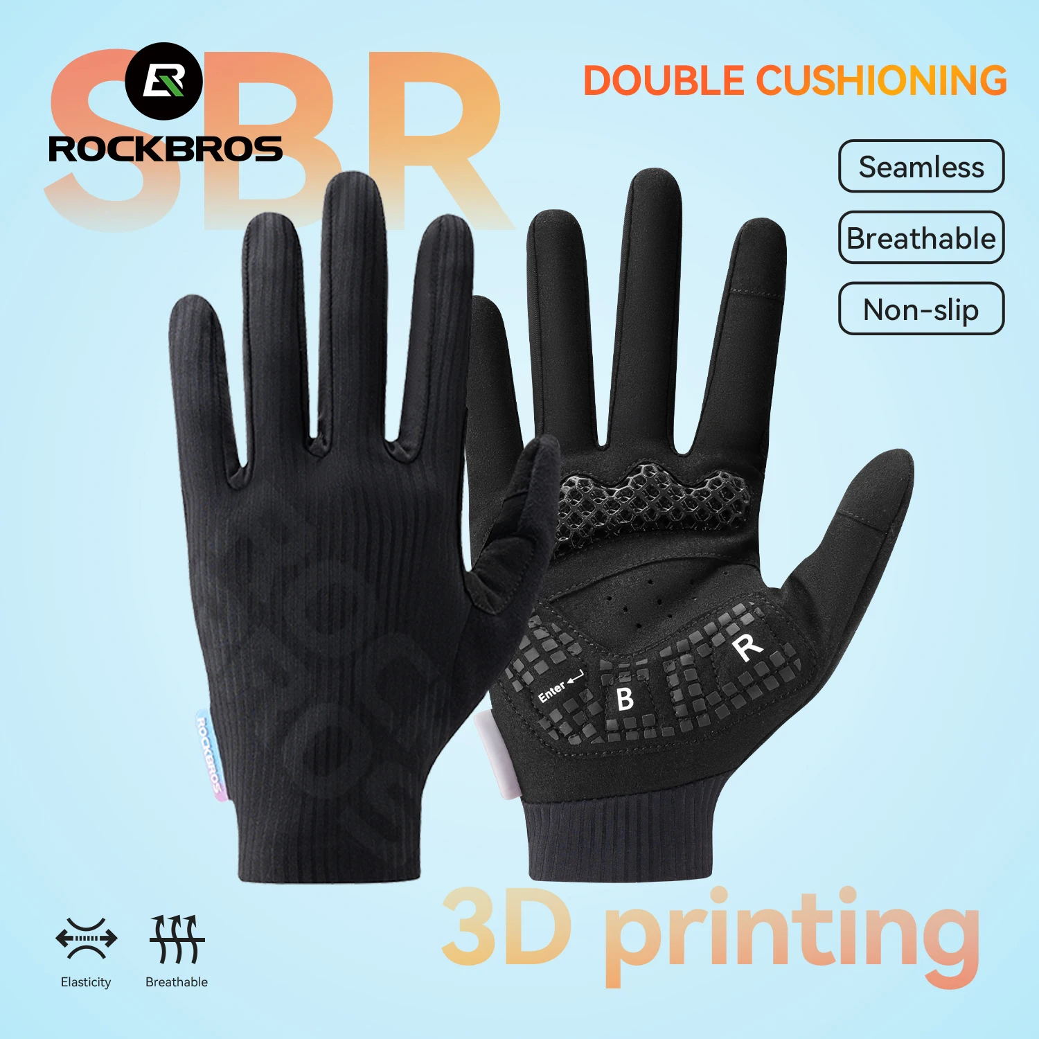 

ROCKBROS Cycling Full Finger Gloves 3D Print Palm Pad SBR Shock Absorption Cushion Long Finger Gloves Non-slip Cycling Gloves