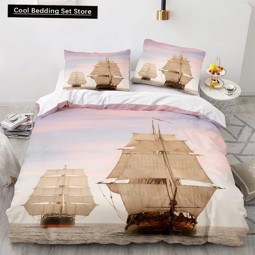 

Vintage Sailboat King Queen Duvet Cover Nautical Ocean Bedding Set for Teens Adults Ship Fire Black 2/3pcs Polyester Quilt Cover