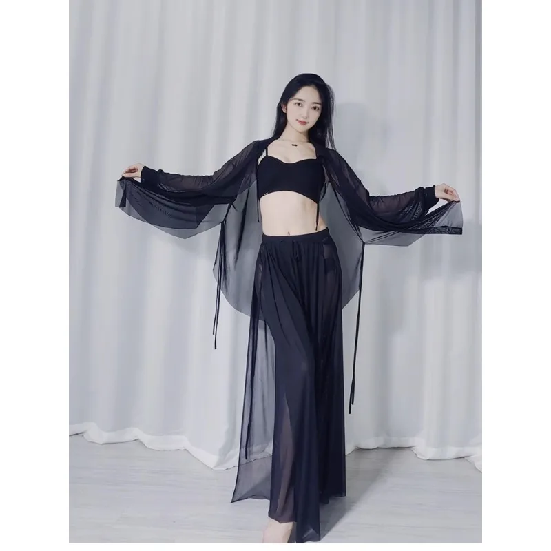 أزياء الرقص الشرقي المخصصة فستان الممارسة 2025 جديد الرقص الحديث شبكة بنطال ذو قصة أرجل واسعة مجموعة أسود