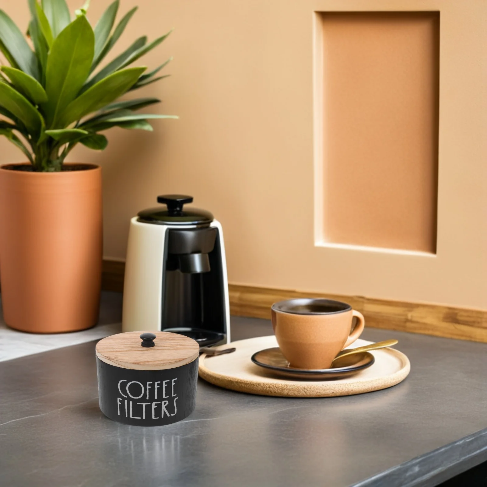 

Wood Coffee Filter Organizer Round Paper Storage Box 5.89X5.89X3.54In Airtight Lid Tea Bag Holder Kitchen Desktop Storage