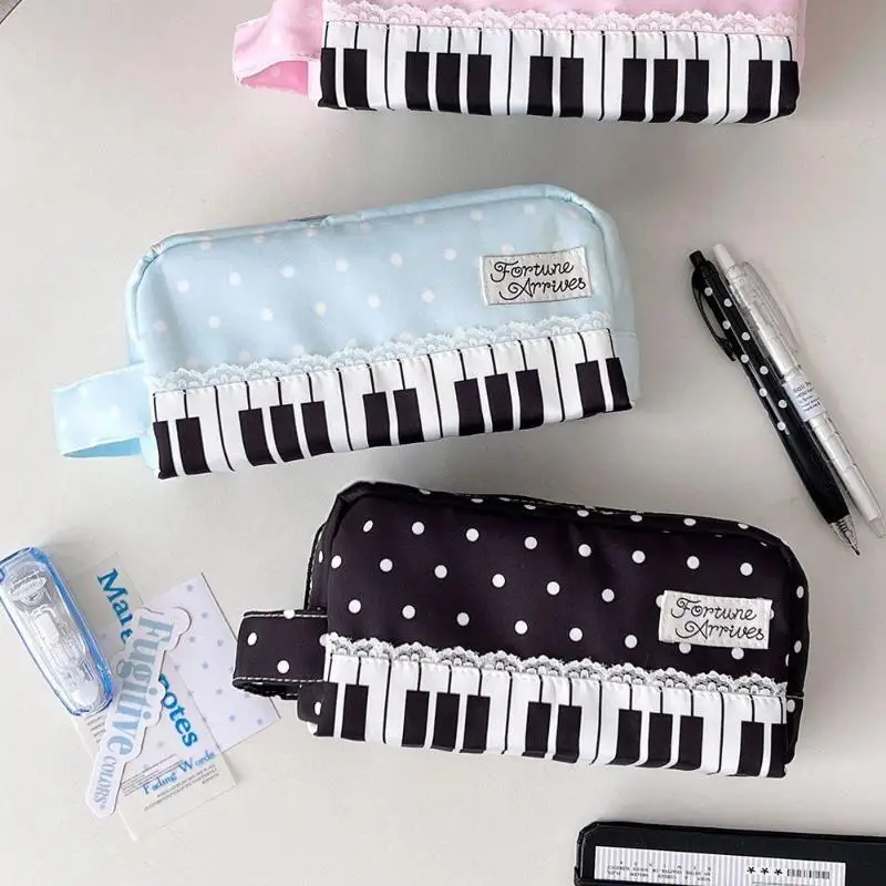 Cute Piano Key Polka Dot Pattern Pencil Case with Handle Large Capacity Stationery Organizer for School Office Travel Use
