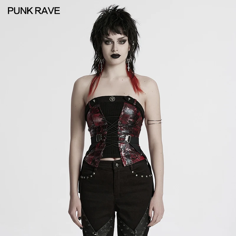 PUNK RAVE Women's Punk Printed Woven Drawstring Tube Sexy Top Personalized Bustier Style Slim Avant-garde Black-red Corset