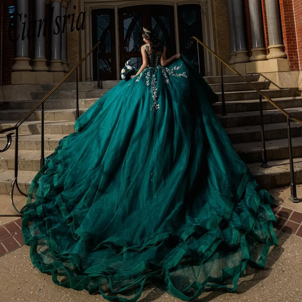 Vestidos Quinceanera com cintas florais de renda, vestido de baile verde escuro, vestido de baile de tule, 16 meninas doces