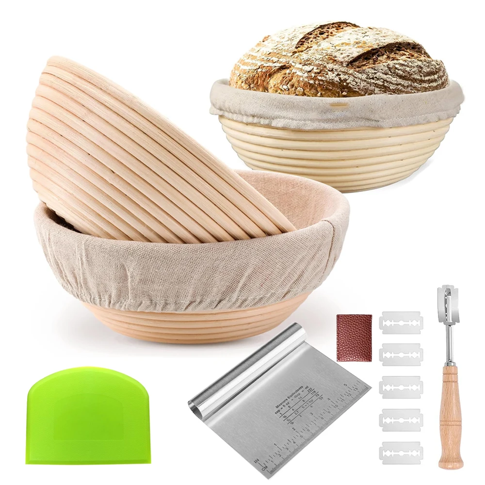 Sourdough Bread Set include 9 Inch Banneton Baskets, Basket Covers,Metal Scraper,Plastic Scraper,  Scoring Lame Baking Supplies