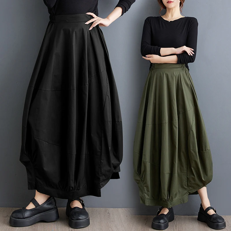 Spódnica z wysokim stanem, patchworkowa, typu lampion, asymetryczna, luźna, plus size, z motywem pąków kwiatów, modelująca sylwetkę, damska, letnia, jesienna, retro, elegancka.