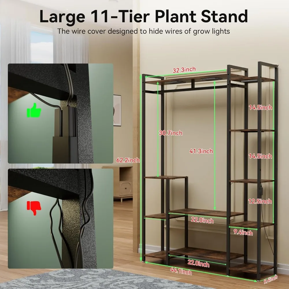 Scaffale per piante da interno in legno a 11 livelli Supporto per piante alto 62" con luci progressive, struttura in metallo, supporto per vasi da fiori multipli per piante da interno
