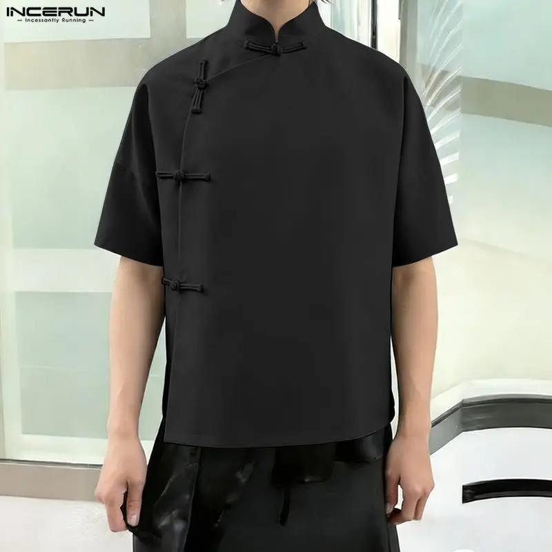 

INCERUN Men's Shirt Solid Color Stand Collar Short Sleeve Vintage Men Clothes Tops Streetwear Summer 2026 Casual Shirts For Man
