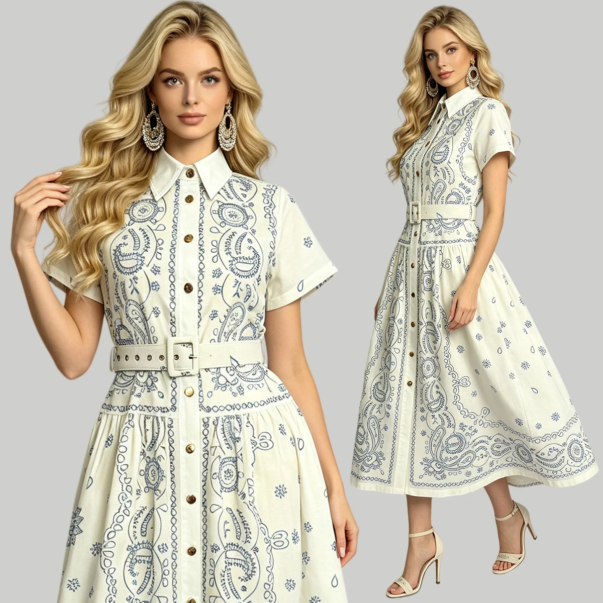 Summer Print Shirt Collar Short Sleeve Slim Fit High Waist Cotton Linen Simple Long A-Line Dress Elegant Sweet Style Evening ...