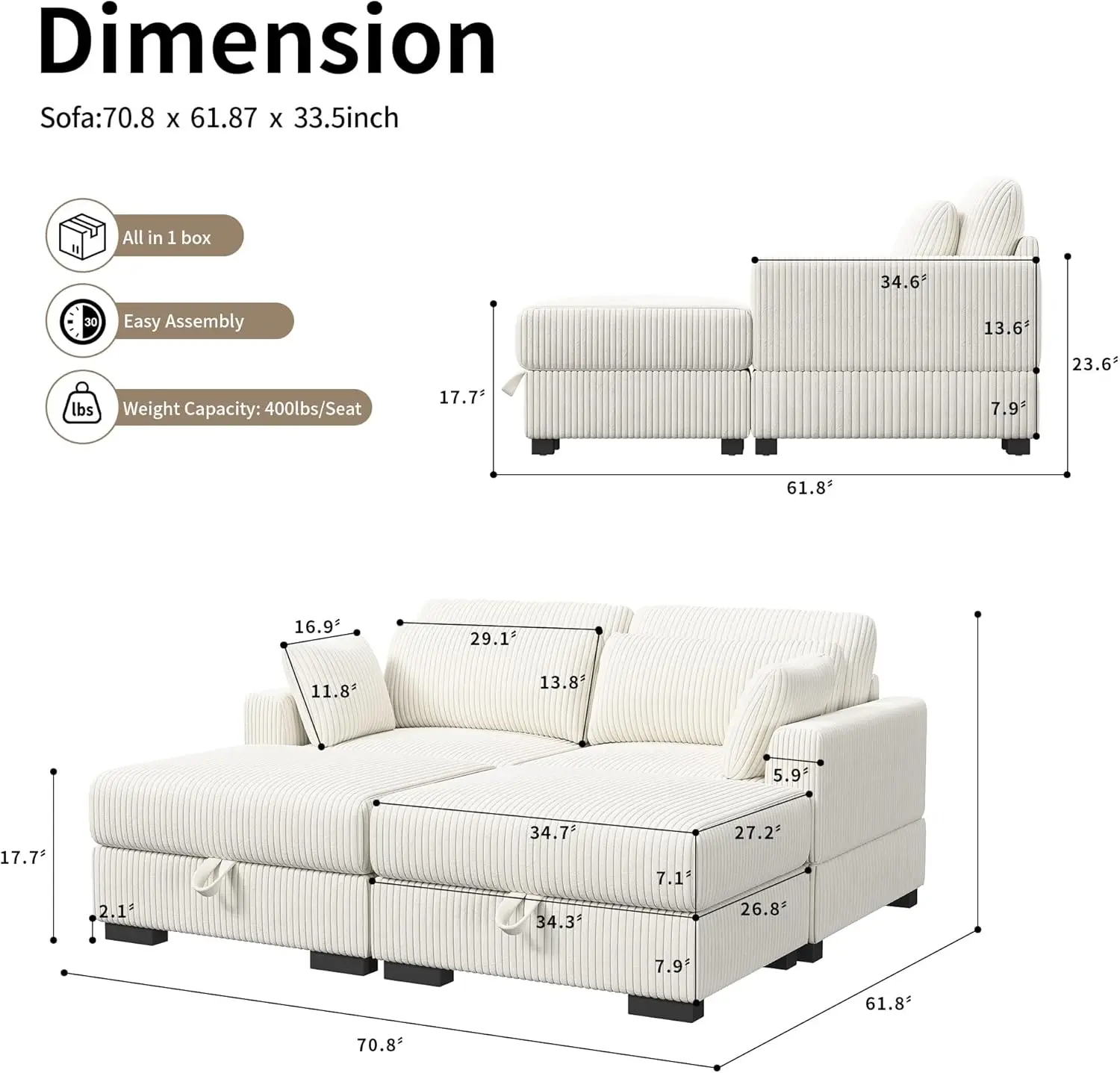 70" Convertible Sectional Sofa Couch, Corduroy Sofa Couch with 4 Pillows Movable Ottoman Modular Sectional Sofa