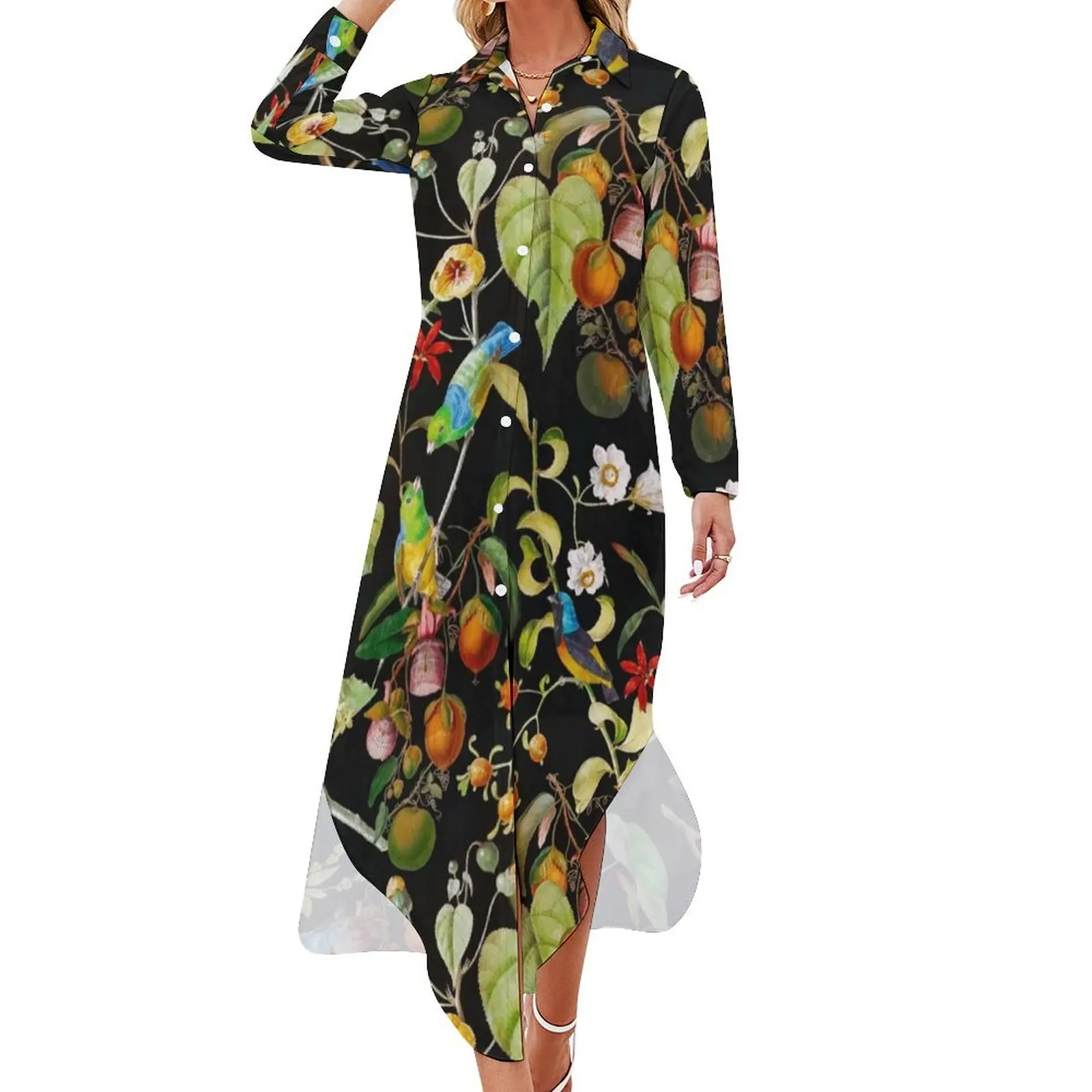 

Vintage tropical sing birds and fruits pattern black Botanical Night Garden Long Sleeved Shirt Dress Dress women