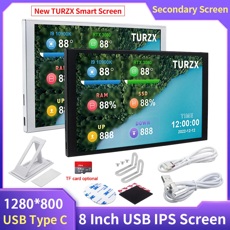 TURZX 8 Inch Secondary Screen 1280x800 IPS Smart LCD CPU GPU RAM Monitor Support Desktop Modes No Use AIDA64 for Window Computer