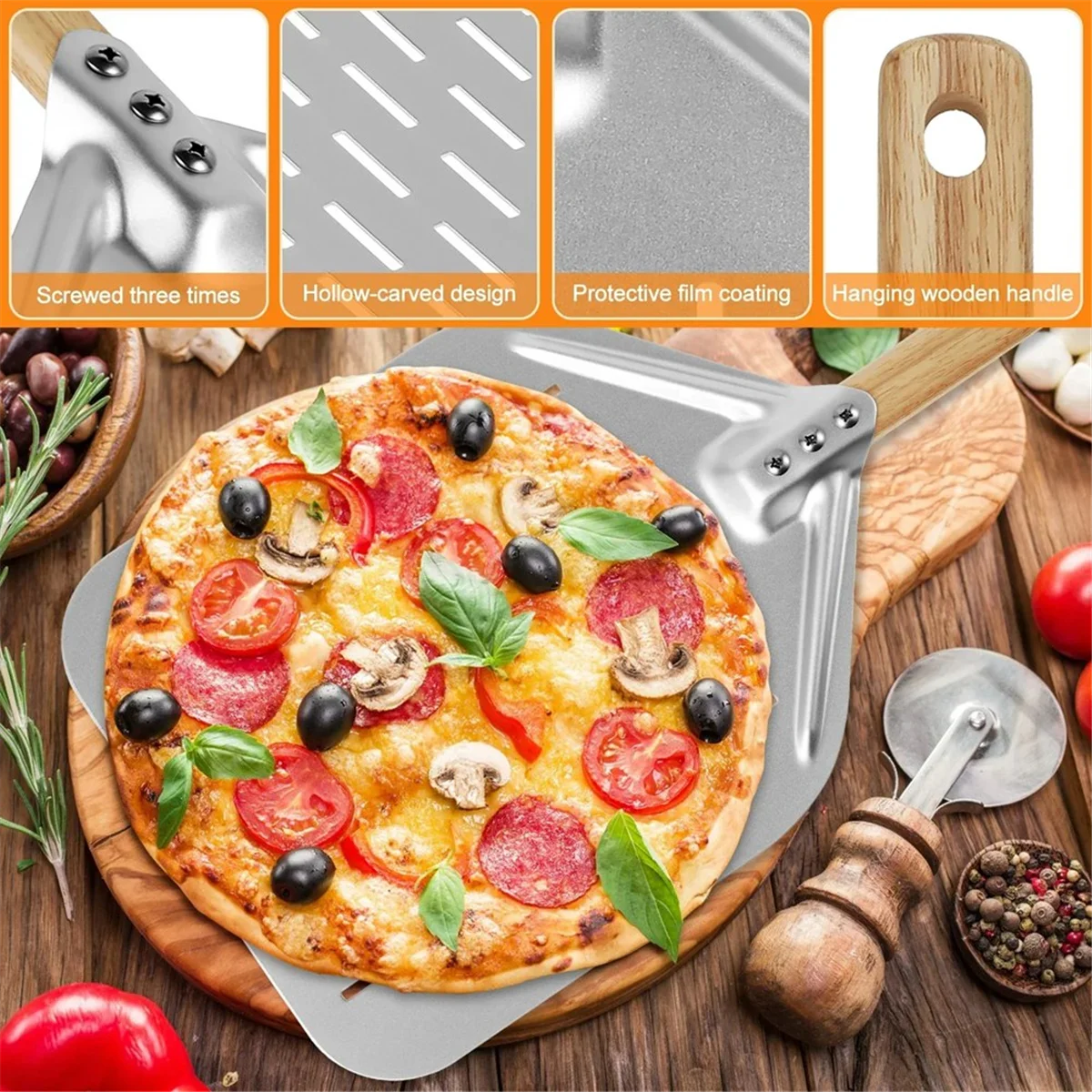 Pizza Shovel 12Inch Pizza Shovel with Wood Handle Non-Stick Perforated Pizza Shovel Pizza Peel Shovel Baking Tool