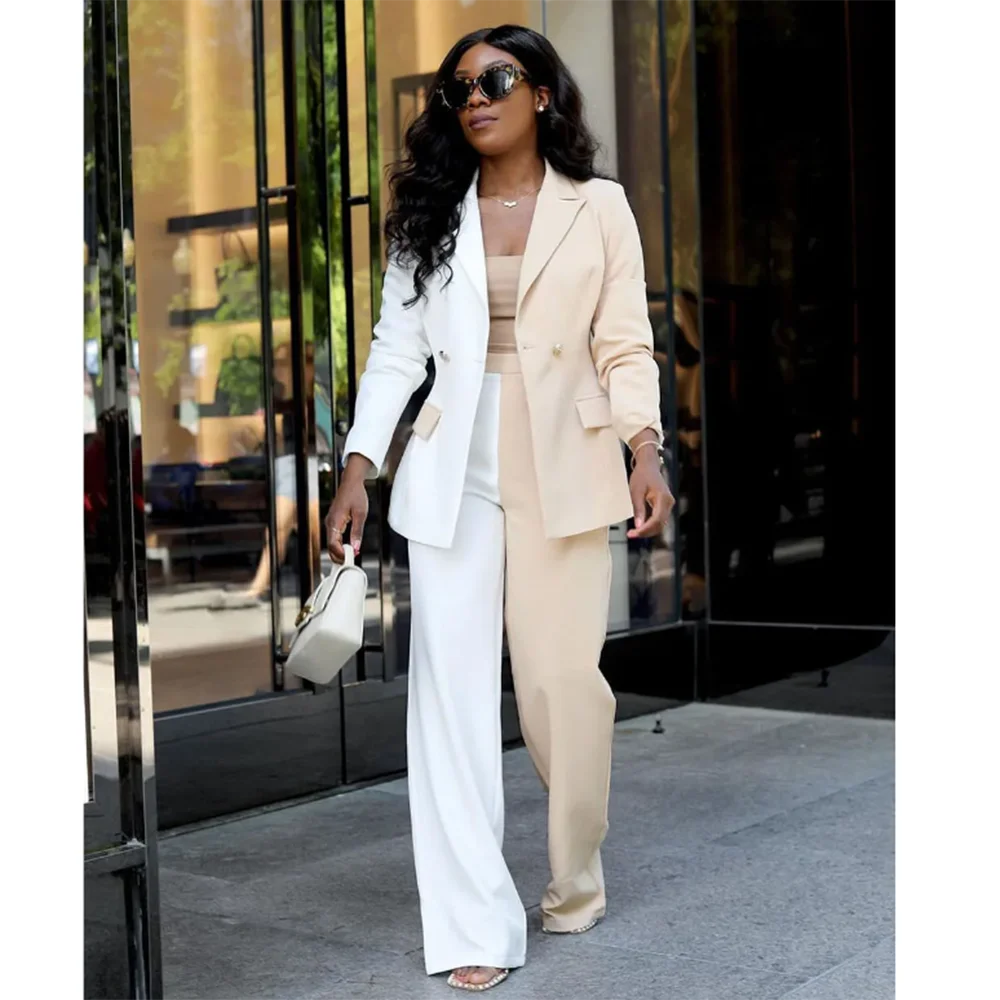 Fashion Chic White Women's Suit Double Breasted 2 Piece Jacket Pants Balzer Set Elegant High Street Office Lady Female Clothing