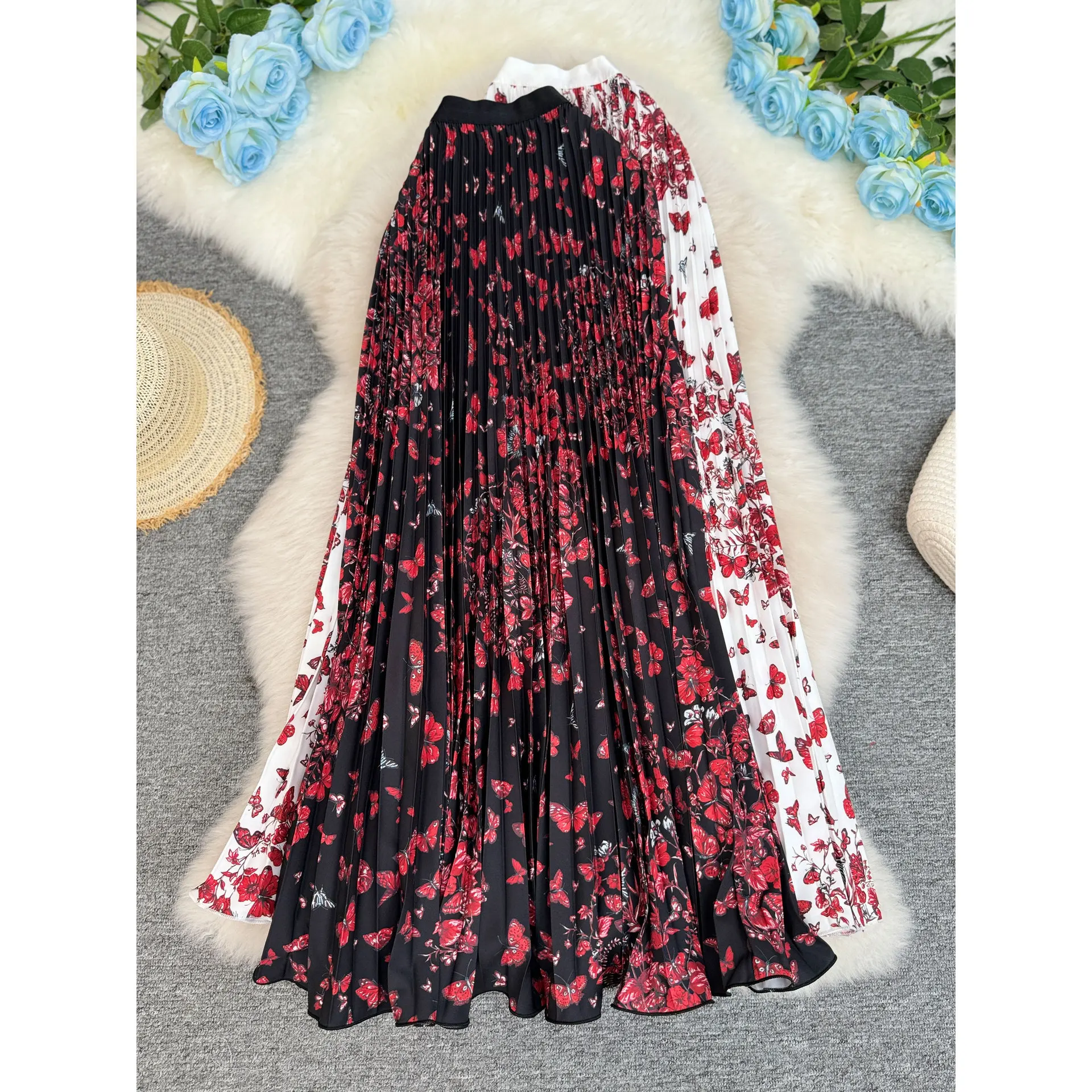 Women Butterfly Print Skirts Pleated Skirt Ankle Lenth A Line High Elastic Waist Slight Strech Loose Elegant Casual 2026 Summer