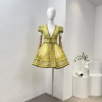 Yellow Paisley Printing V-neck High Waist Mini Dress Women Top Quality Linen Silk Summer Clothing