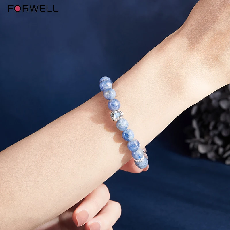 FORWELL Women's Natural White & Blue Crystal Bead Bracelet with Sterling Silver Fortune Gourd Light Luxury Premium Jewelry