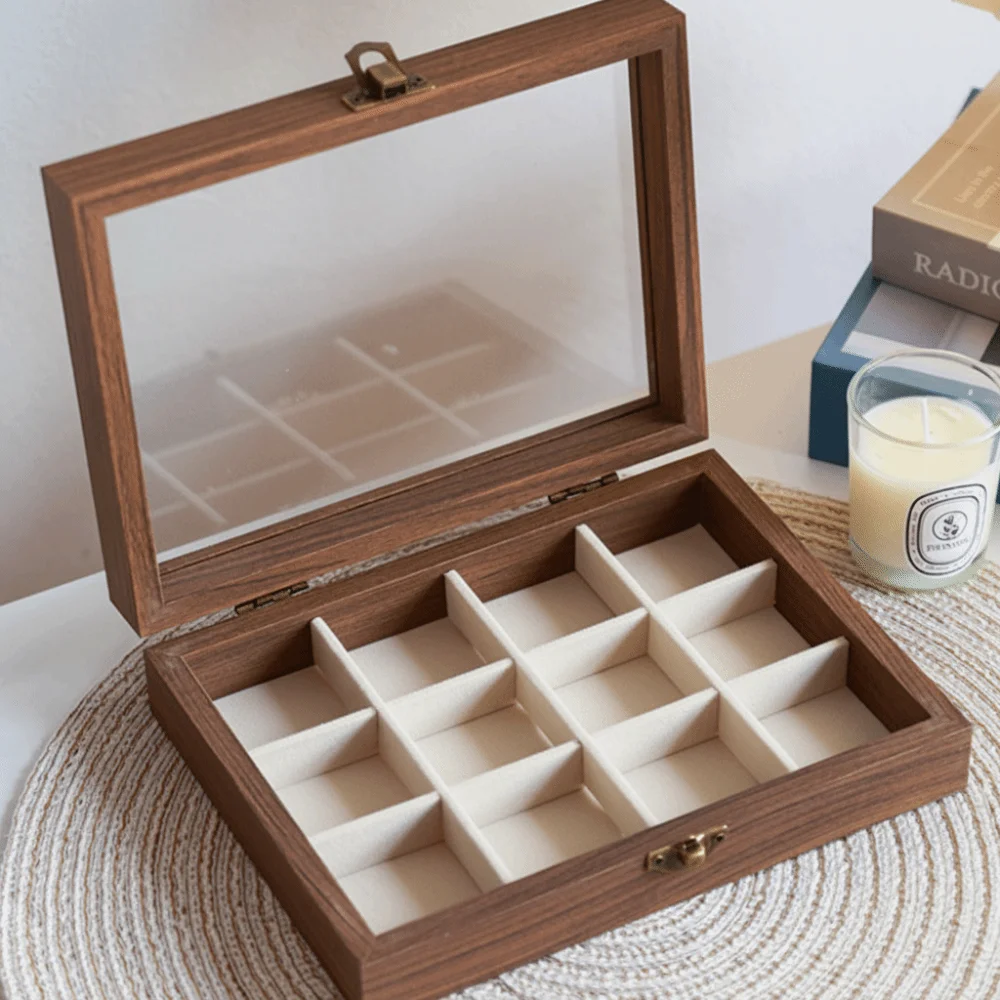 

Elegant Wood Jewelry Box Velvet Dust-proof Earrings Display Tray Storage Box Glass Lid Jewelry Organizer Jewelry Storage Box