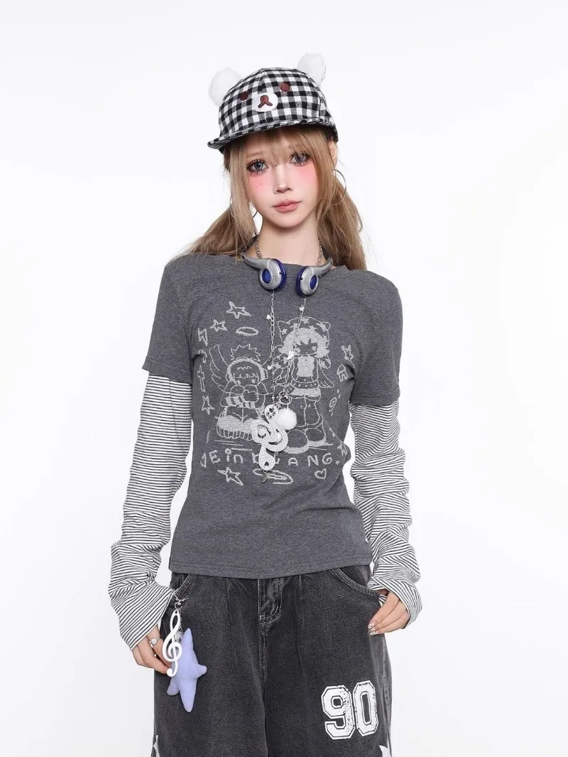 Women's Slim Fit Long Sleeve T-Shirt  Striped Top Color Block Cartoon Print Tshirt Casual Wear for Girls Y2K Subculture Fashion