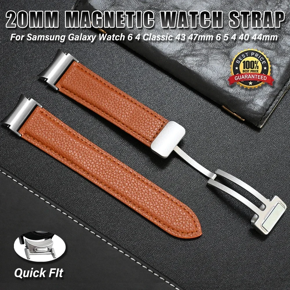 20mm No Gaps Leather Band For Samsuang Galaxy Watch 6 5 4 40 44mm Magnetic Strap For Galaxy Watch 6 4 Classic 43 47mm 42mm 46mm