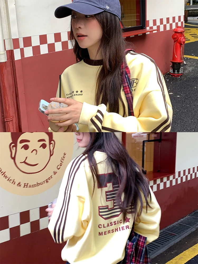 

Retro Patchwork Long Sve Sweatirt Letter Print Loose Women's Top NIDEBLA Korean Sle Streetwear Autumn Faion