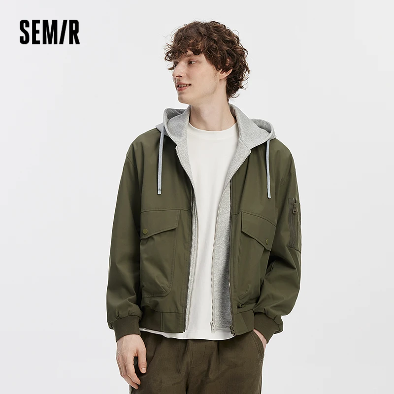 Semir Men Jacket Hooded Faux Layer Colorblock Street Casual Style Loose 2026 Autumn Outerwear Layered Trendy Daily Wear