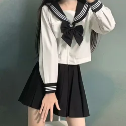 Japanese School Uniform Girls Plus Size Jk Suit Black Tie White Three Basic Sailor Uniform Women Long Sleeve Suit