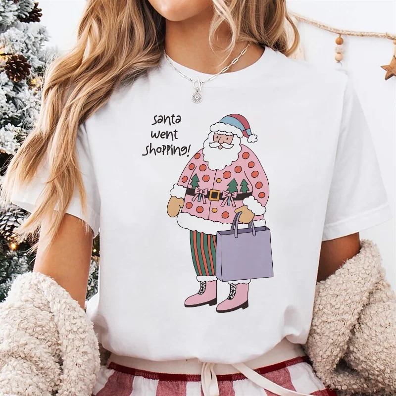 

Pattern Printed Santa Claus Shopping Christmas Cute T-Shirt Top Women's Regular Short Sleeved Women's Casual Round Neck T-Shirt
