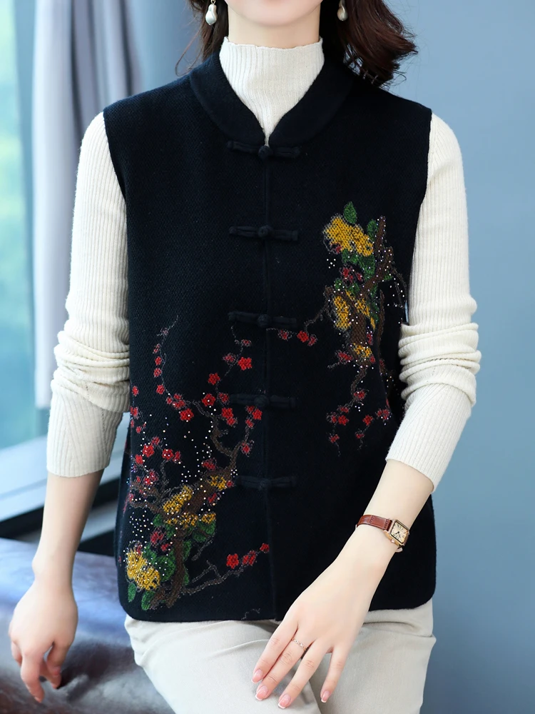 

Sleeveless Print Female Cardigans Autumn Spring Knitted Sweater Women Vest Top Chinese Style Soft Cardigan Women