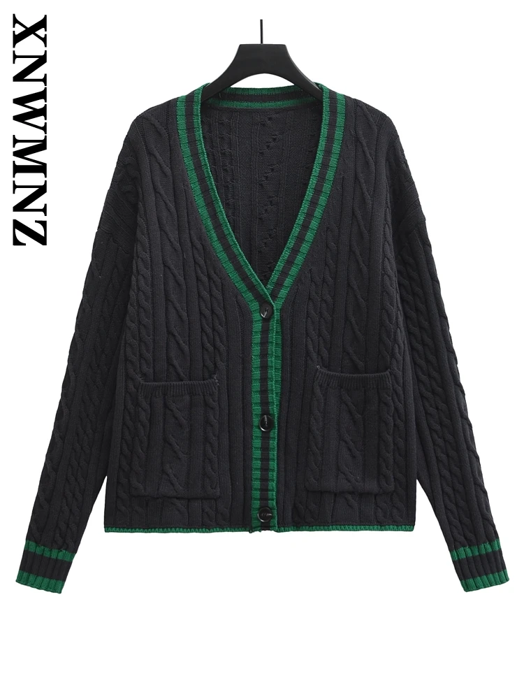 XNWMNZ 2024 Autumn Woman's Casual Single-breasted Long Sleeve Knit Cardigan Female Vintage Solid Color V-Collar Pockets Top Coat