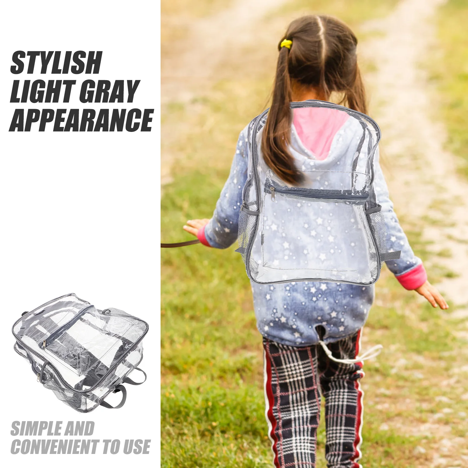 حقيبة ظهر شفافة مقاومة للماء من مادة PVC حقيبة مدرسية شفافة ذات سعة كبيرة وأشرطة قابلة للتعديل رمادي فاتح أنيق شفاف من خلال حقيبة الكتب