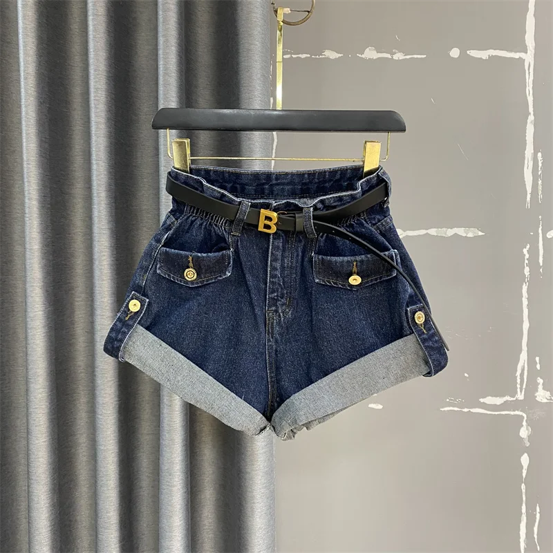 2024 New Spring Summer High Street Denim Shorts Women High Waist Wide Leg A-Line Curling Short Jeans no belt s526