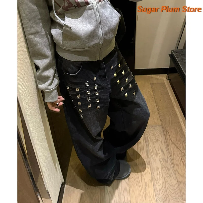 American retro washed square rivet wide-leg jeans women's casual and comfortable mopping pants in spring and autumn trend pants