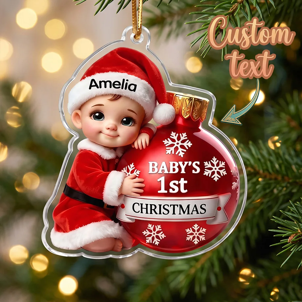 Personalized Baby Christmas Ornament, Custom Name Ball Hugging Gift
