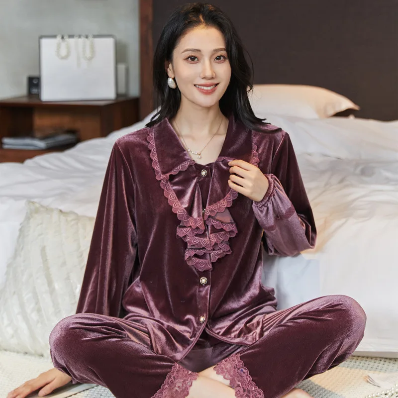 Revers Velours Spitze Pyjama Set Frauen Langarm Pyjama Twinset weibliche Nachtwäsche Herbst Winter Nachtwäsche Home Kleidung