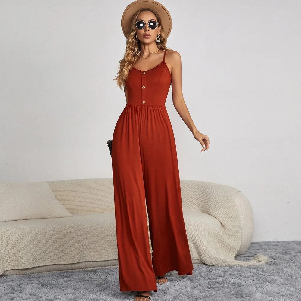 

BKLD 2024 Women Clothing New Summer Jumpsuit One Pieces Solid Color Casual Overalls Sleeveless Spaghetti Strap Loose Jumpsuit