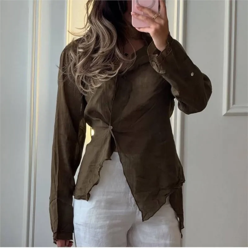 

Fashion Chic Button Irregular Lace-up Shirts Spring New Elegant V-neck Cotton Linen Blouse Women's Casual Long Sleeve Solid Tops