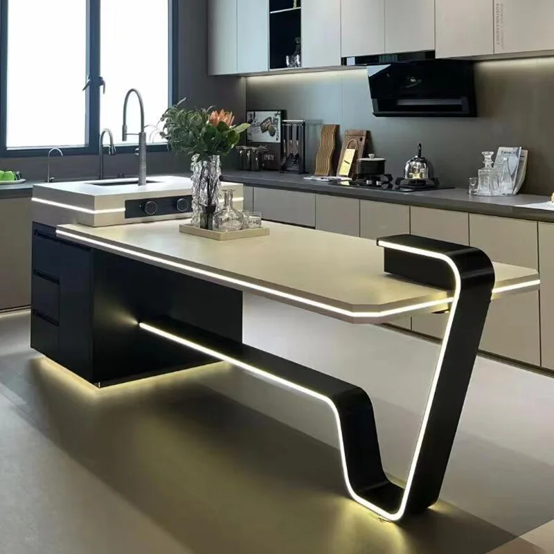 

Light luxury modern household retractable dining table Cream Wind Island integrated dining table