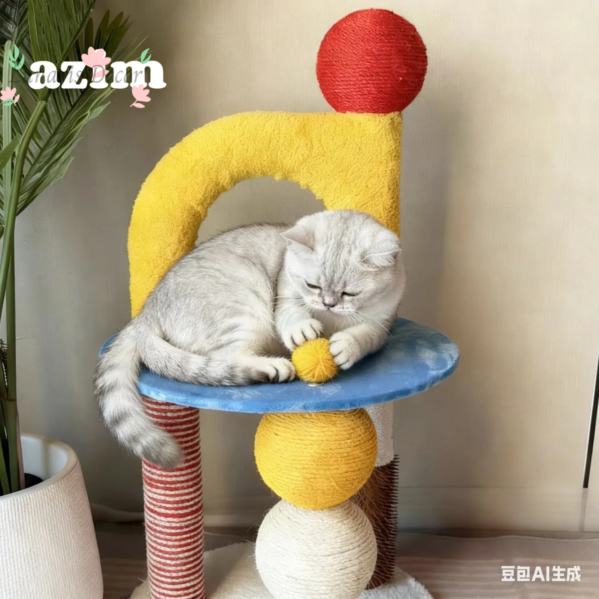 Trendy dopamine color cat tree with integrated scratching board, small cat jumping platform, home cat shelf toy