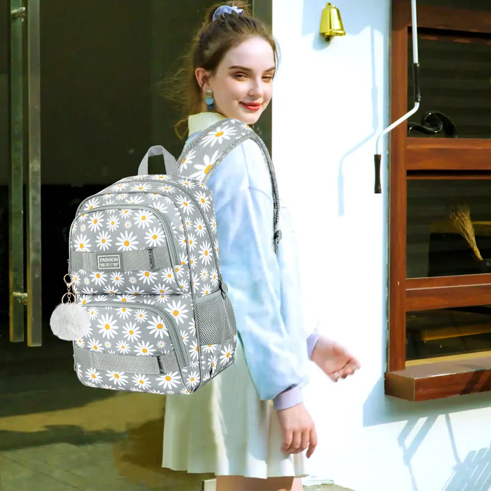 Zaino per ragazze Daisy da 3 pezzi, zaino per scuola per laptop da 17 pollici Zaini per bambini resistenti all'acqua per college per adolescenti con set di scatole per il pranzo - Grigio