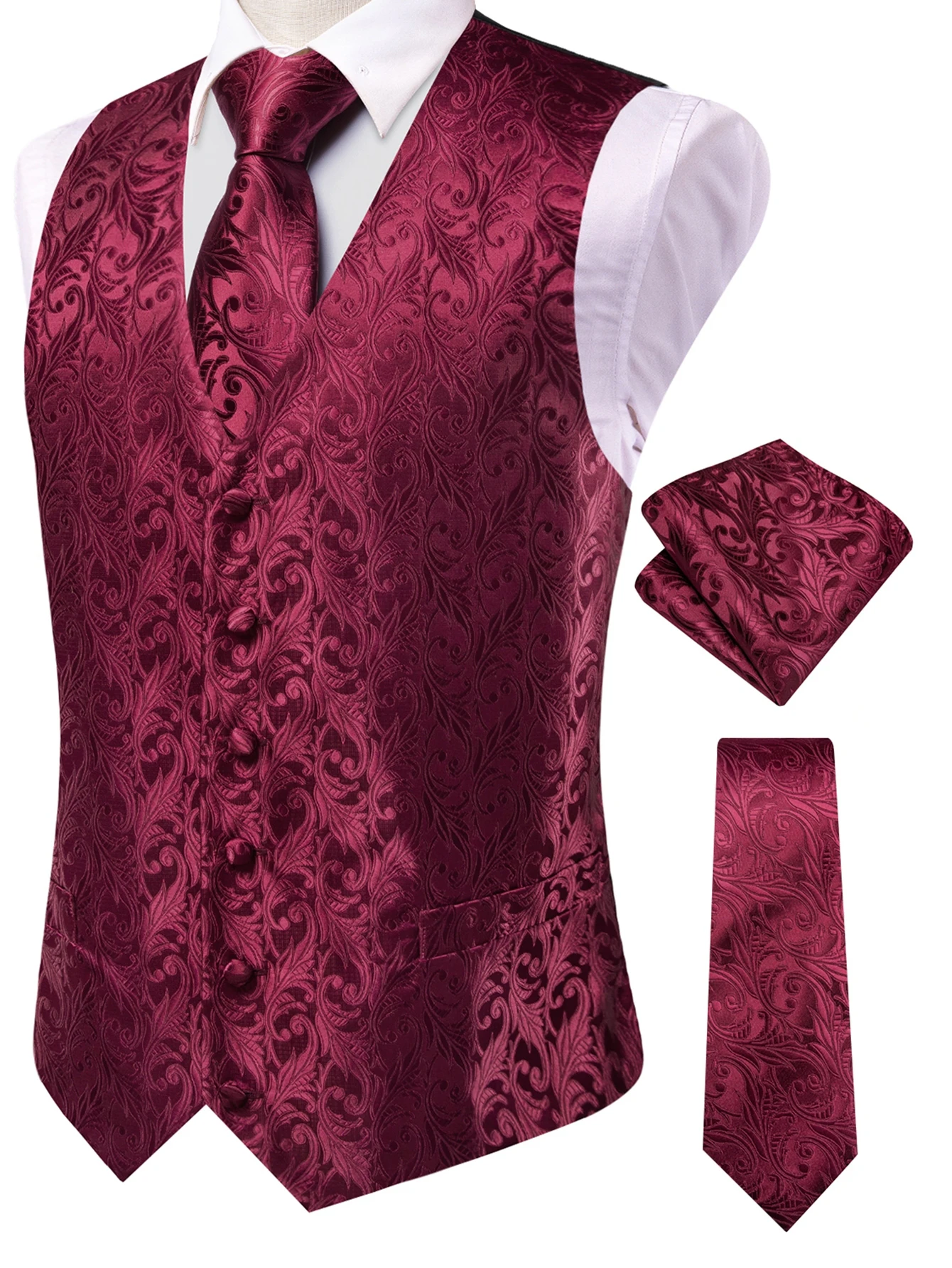 Men's Jacquard Vest 3-Piece Set with Vest, Tie & Pocket Square, Available in Red, Pink, Purple for Wedding