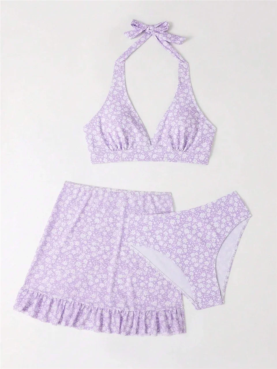 Traje de baño de Bikini con cuello Halter estampado de 3 piezas con volantes falda para la playa traje de baño 2024 ropa de playa para mujer traje de baño femenino