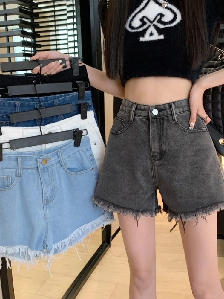 

High Waist Wide Leg Denim Shorts Women's Summer Slimming Hot Pants Frayed Hem Black Grey Trendy Shorts Ladies' Jeans
