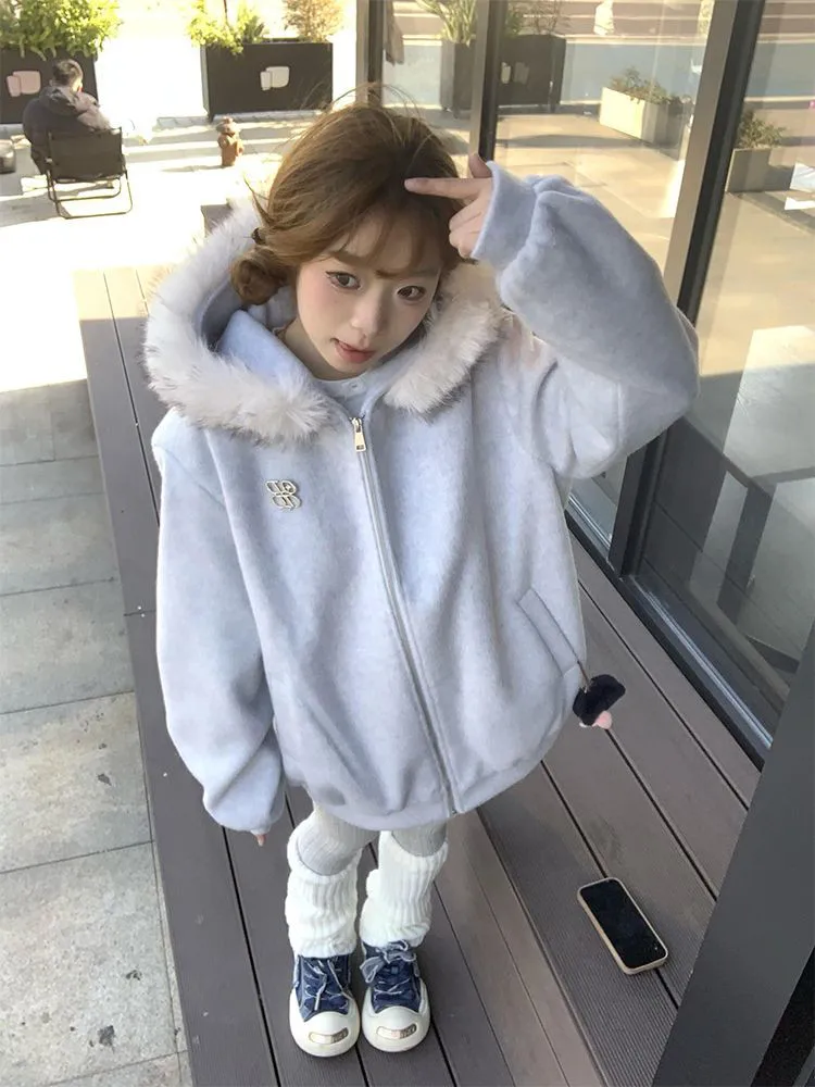 Cardigan ouvert à capuche rétro américain, sweat-shirt pour femmes, manteau en laine chaud Thiened, hiver, style coréen, sensation haut de gamme