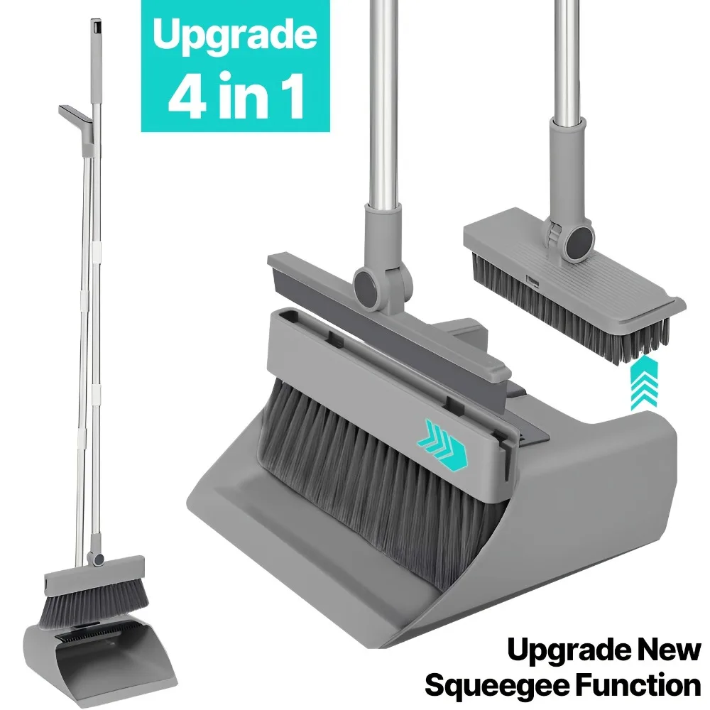 Nuevo Set de Escoba y Recogedor 4 en 1 Mejorado 2026 con Escobilla de Goma Oculta y Cepillo para Suelos, Ideal para Limpiar Manchas de Grasa en Vidrio, Uso en Hogar y Oficina