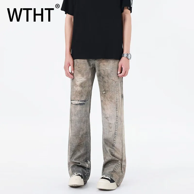 

WTHT модные мужские джинсовые брюки с дырками в старом стиле, винтажные прямые широкие джинсы в американском стиле, мужские джинсы, осень 2023, 2A1831